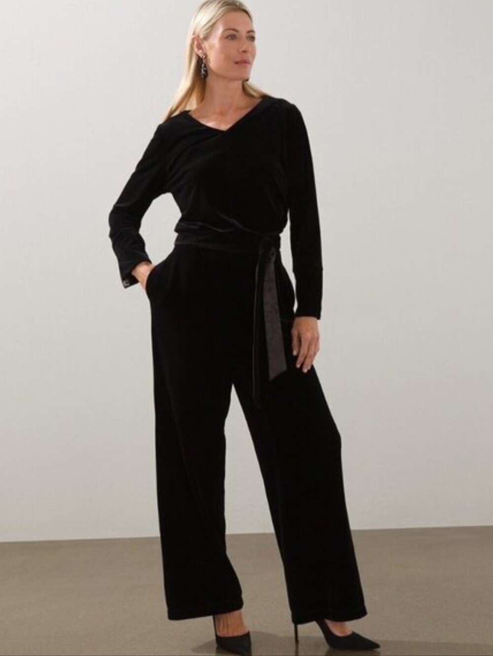 Chico's Black Velvet V-Neck Wide-Leg Jumpsuit 12 Tall